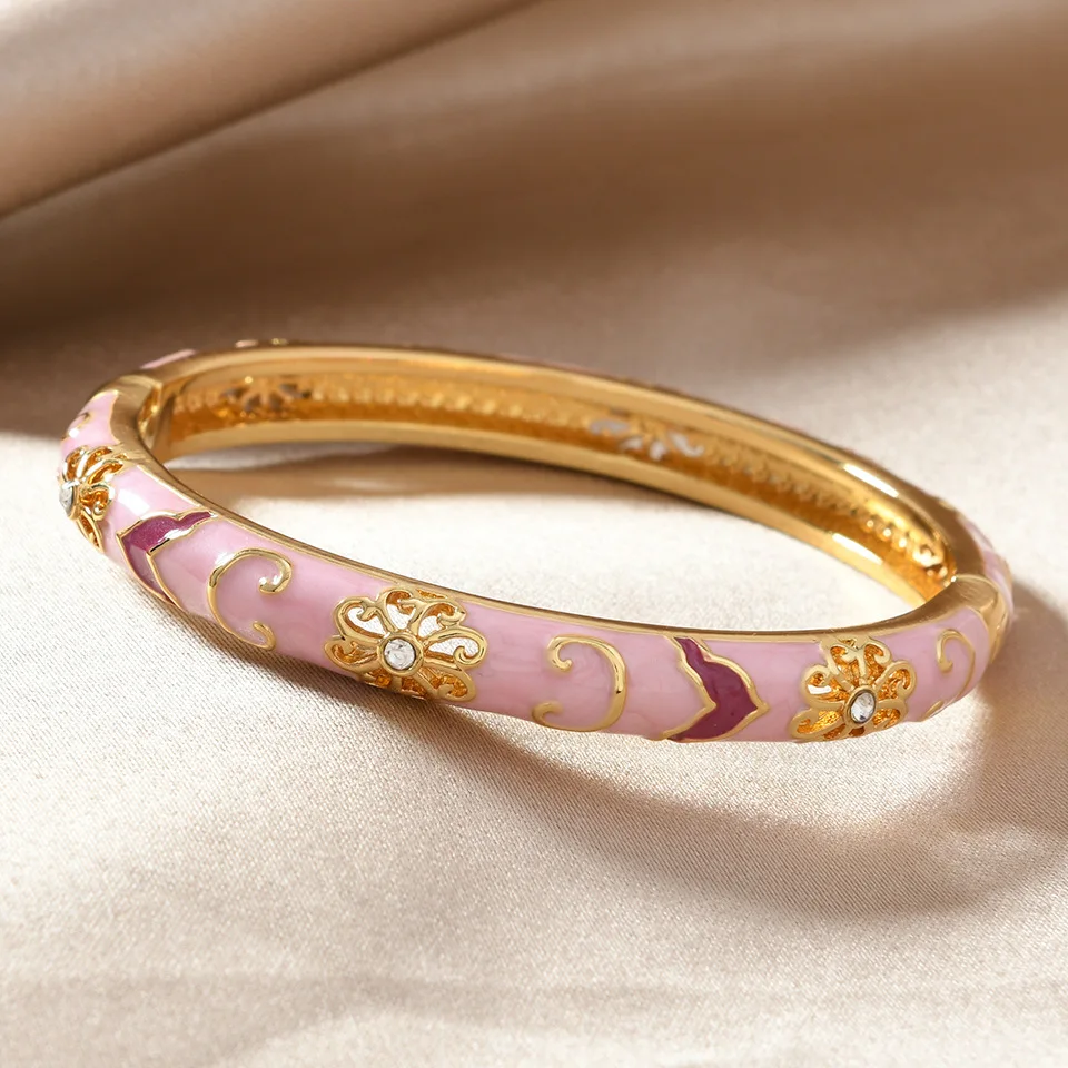 Chinese Style Luxury Stainless Steel Colorful Enamel Flower Bracelet Bangles for Women Charm Zircon Blue and White Porcelain