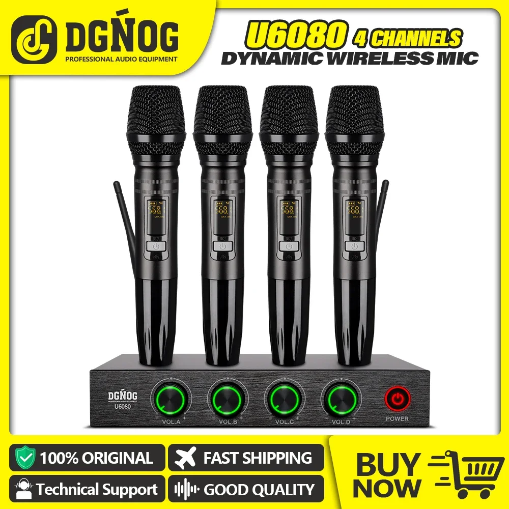 

Professional 4 Channel Wireless Microphone System DGNOG U6080 UHF Handheld Karaoke Mic for Home Party PA Speaker Singing TV