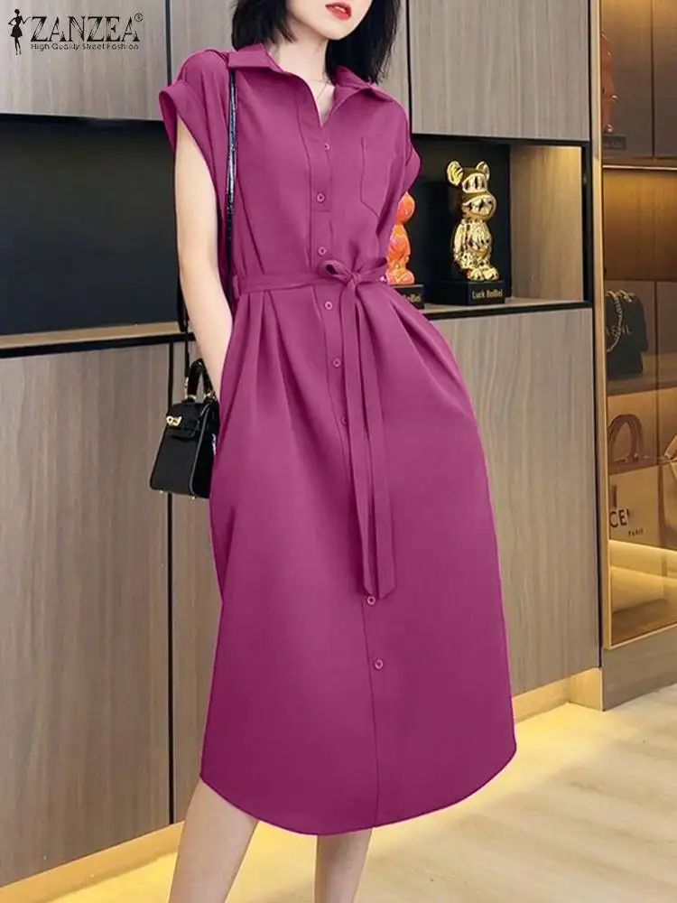 

Элегантное женское платье-рубашка ZANZEA с отложным воротником и коротким рукавом, летний сарафан, модное однотонное офисное платье, повседневное женское платье