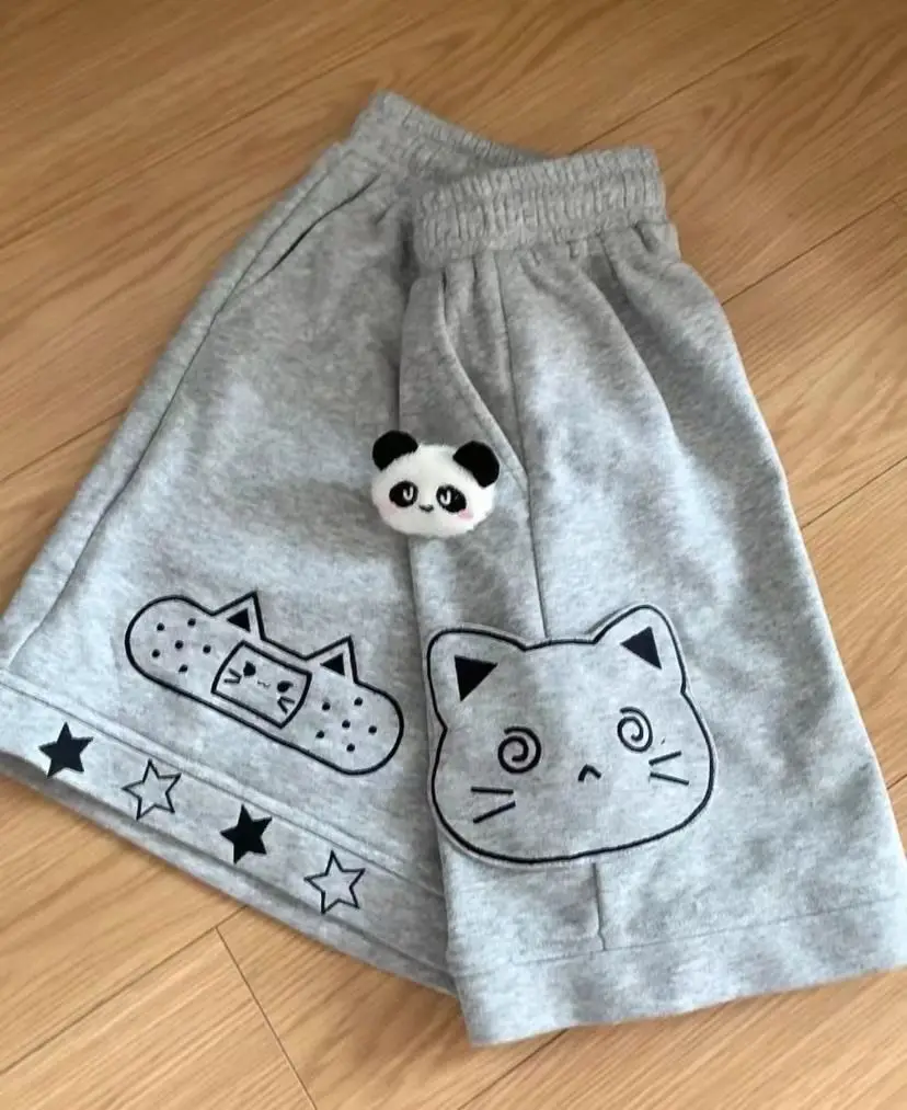 Summer Shorts for Women Cartoon Patchwork Elastic Waist Wide Leg Pants Japanese Casual Pantalones Cortos De Mujer 2026 Bottoms