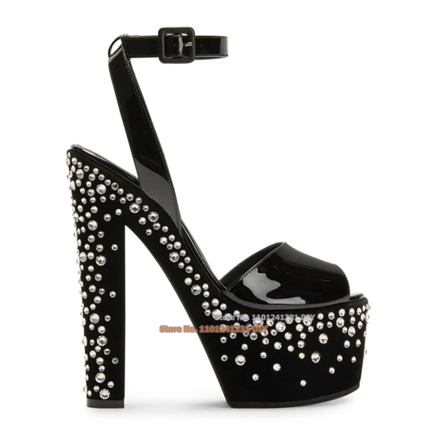 

Black Leather with Silvery Rivets Thick Platform 170mm High Heel Sandals Women Peep Toe Heeled Summer Party Dress Shoes