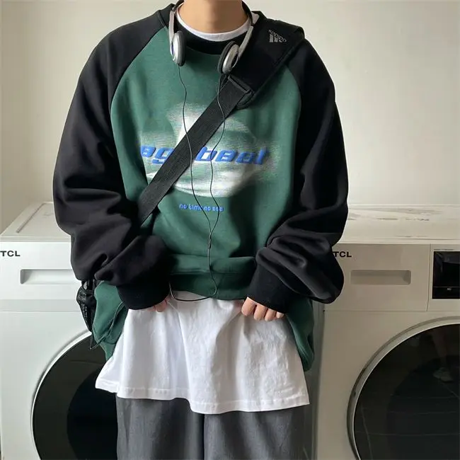 

Spring and Autumn round neck sweatshirt men's loose trendy brand contrasting print ins popular raglan sleeve retro autumn top