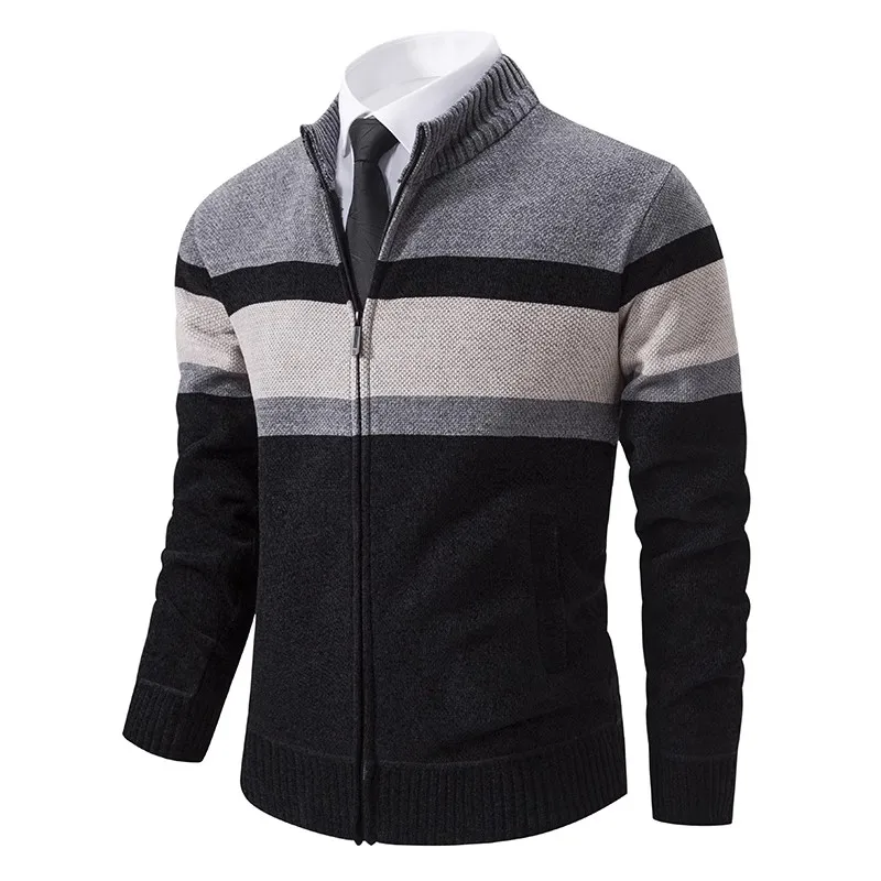 New Autumn Winter Fashion Striped Cardigan Men Slim Knitted Sweaters Outerwear Mens Stand Collar Zipper Knitting Sweatercoat Man