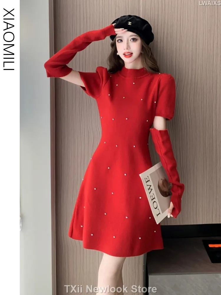 

Winter Christmas Red Dresses Elegant Fashion Beading Knitted Short Dress Womens Simple Office Casual Party Vestidos