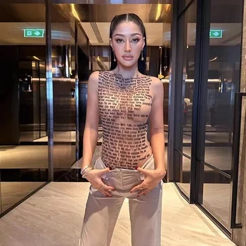 Women Sexy Slim Mesh Letter Print Crop Tops Camis Tank Tops Ladies INS Fashion Streetwear Sleeveless Summer Be X-rayed Tops Tees