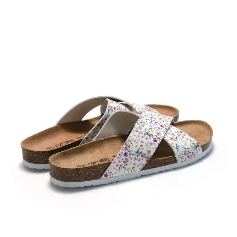 2023 New Product Summer Women's Cork Slippers Cross Strap Student Beach Shoes Sandals Cross border Flower Fragmentation