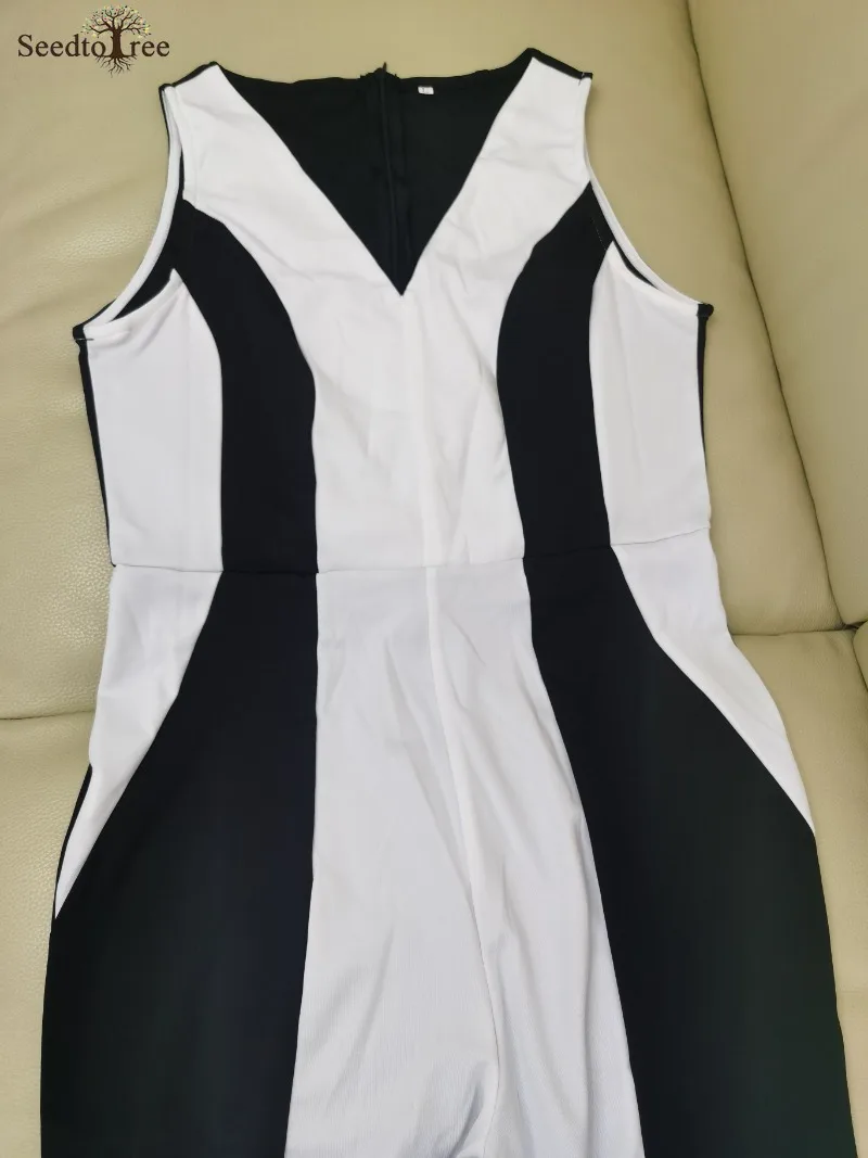 Sexy V Neck Thick Strap Colorblock Bootcut Rompers Women Jumpsuit Workwear (No Belt)