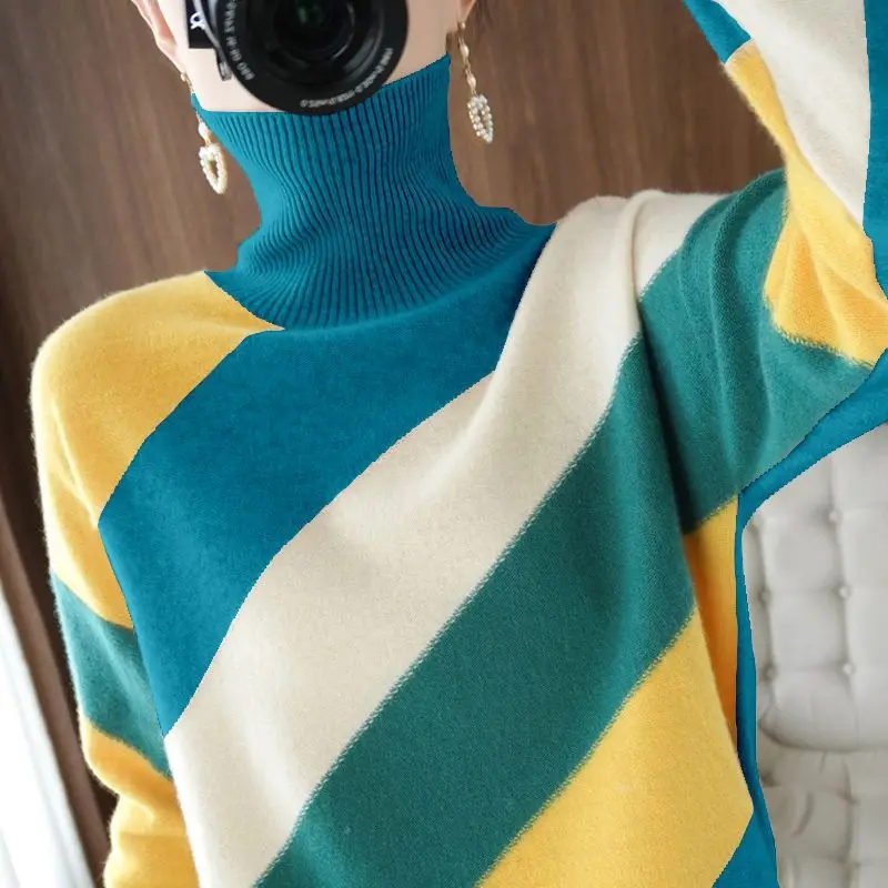 High Collar Sweater Women's 2023 Spring Autumn Knitwear Loose Thicke Stripe Color Contrast Soft Knitwear Jumpers Basic Sweaters