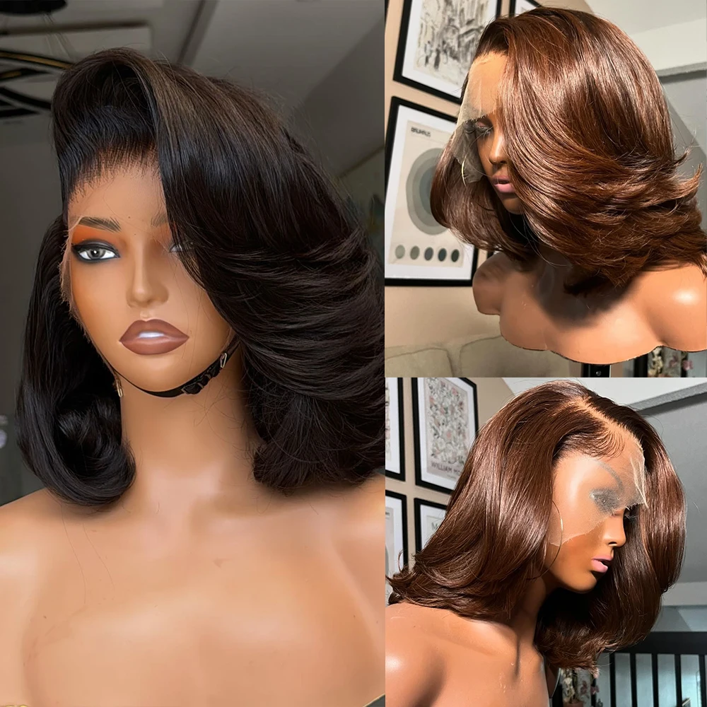 Human Hair Wigs Layered Blunt Cut 13X4 Lace Front 4x4 Lace Closure Pre Plucked 250% Brazilian Wig For Black Women