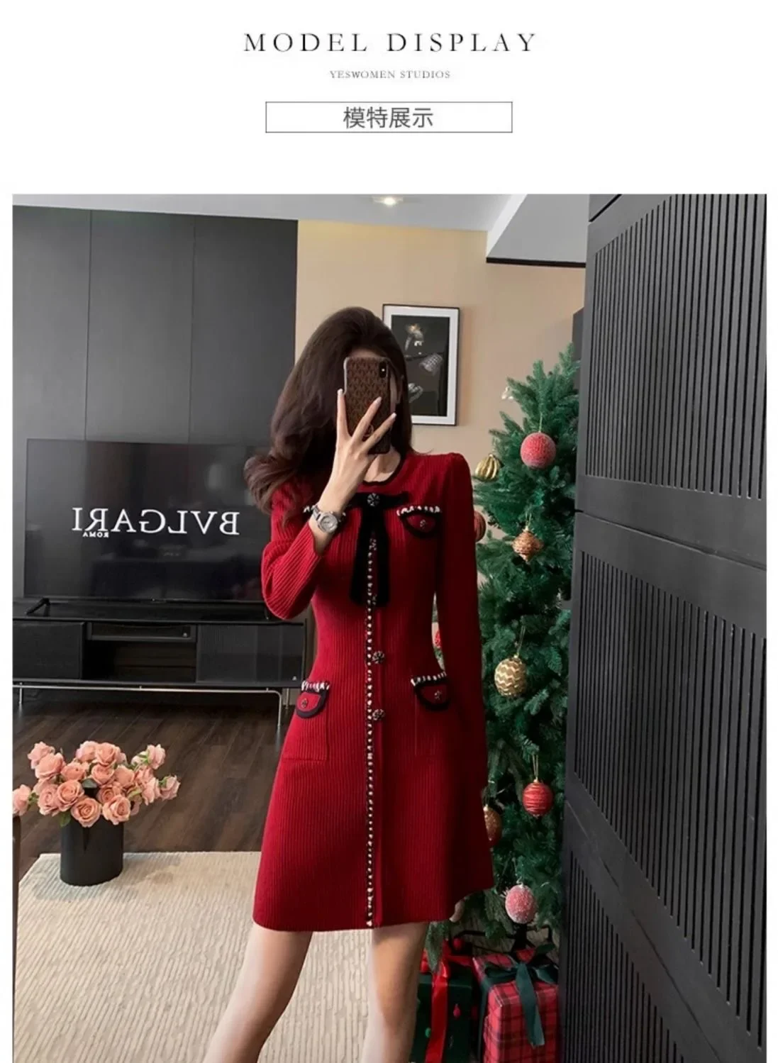 French style autumn and winter bow long sleeved knitted slim fit dress A-line skirt