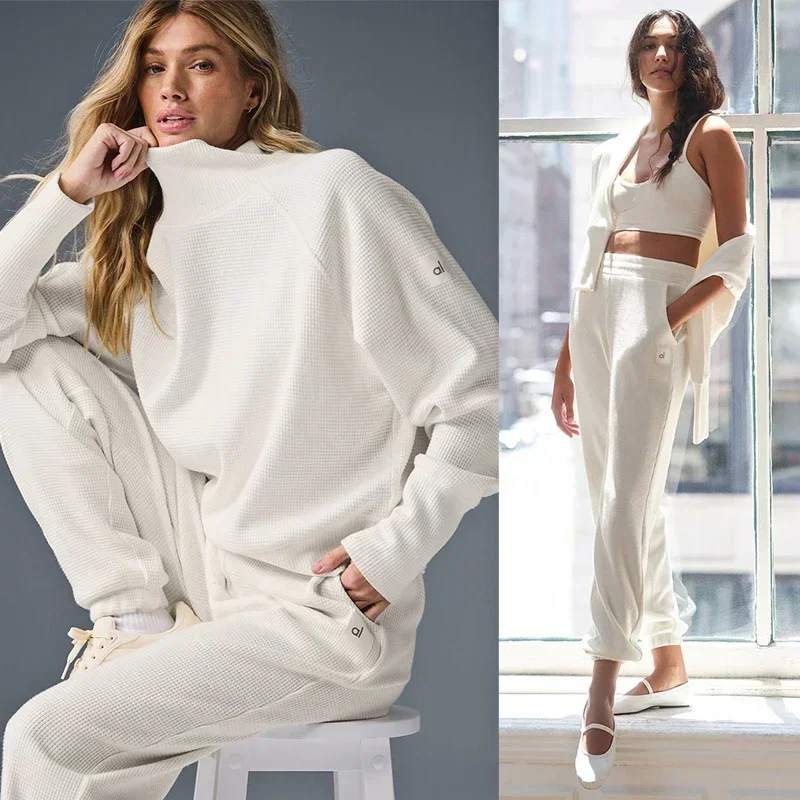 Goddess Yoga Weekend Escape Jogger Set Waffle Mock Neck Long Sleeve Solid Color Casual Fashion Shirt yoga set sportswear set sports set
