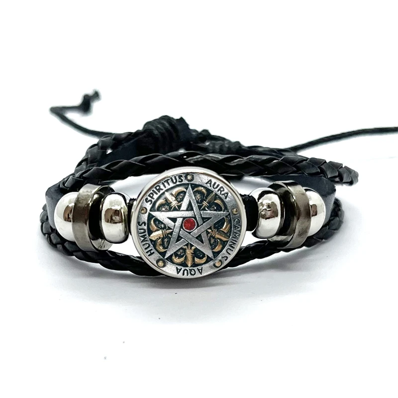 Witch Knot Pagan Wheel of The Year Theme Bracelets Pentagram Protection Star Amulets Glass Dome Leather Bracelet Bangle Gift 6