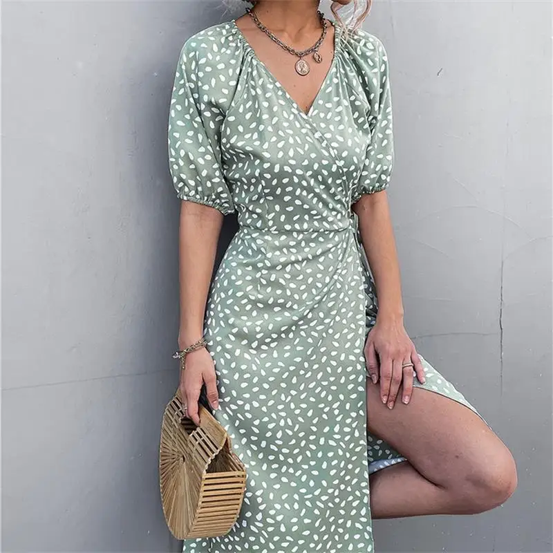 

Boho Summer Elegant Women Dresses Casual Loose V-Neck Dress Ladies Polka Dot Puff Sleeve Fashion Drawstring A-Line Split Dress