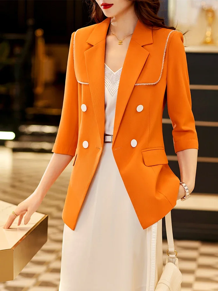 

Fashion Orange White Black Women Blazer Ladies Female Double Breasted Business Work Wear Formal Jacket For Summer Spring 2023