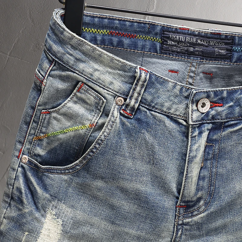 Summer Fashion Men Jeans Embroidery Designer Retro Elastic Slim Fit Ripped Short Jeans Men Vintage Casual Denim Shorts Men