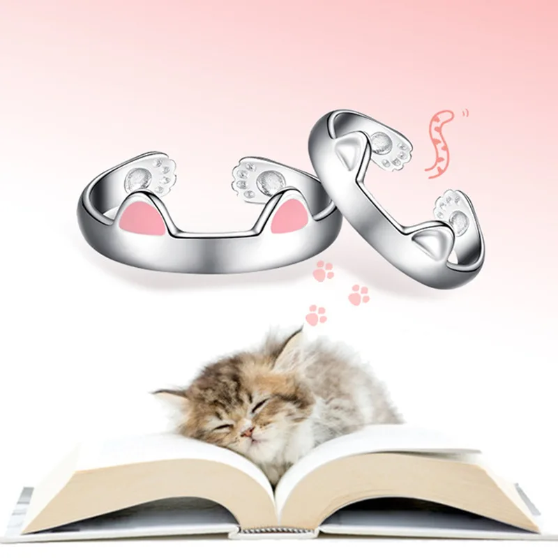 Cat Ear Finger Rings Open Cute Footprints Ring For Women Girl Pearl Hollow Geometric Gift Adjustable Fine Jewelry Accessories finger ring adjustable rings animal ring opening ring
