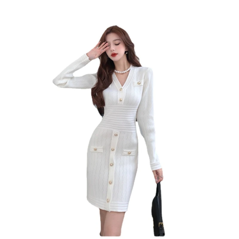 

2024 Autumn Luxury Classic Korean Style V Neck Dresses Long Sleeves Bodycon Polyester Knit Office Business Dress Women