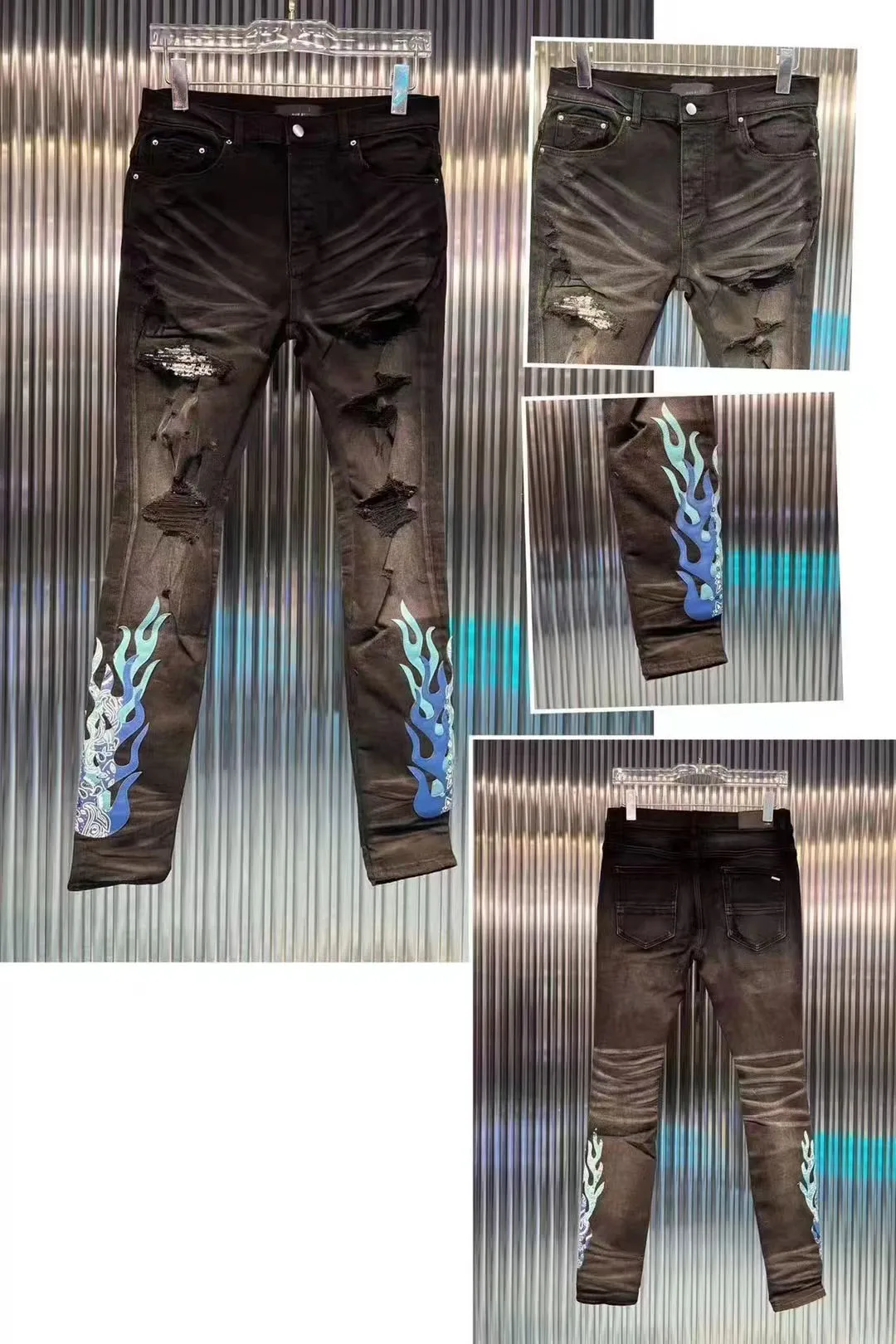 

New Men's Male High Street Holes Ripped Patch Jean Patchwork Jeans Personality Patch Blue Flame Print Black Jeans Denim Pants