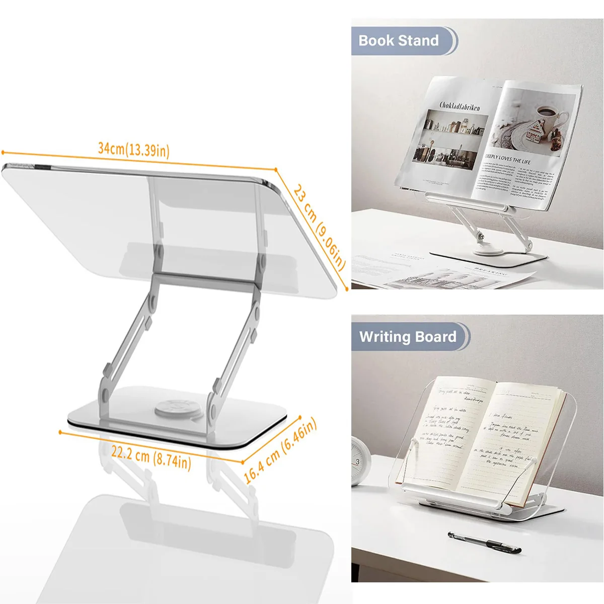 Book stand Acrylic Thick Book Stand for Reading Adjustable Book Holder with 360&deg; Rotating Base Elastic Page Clips Foldable Desktop Riser St