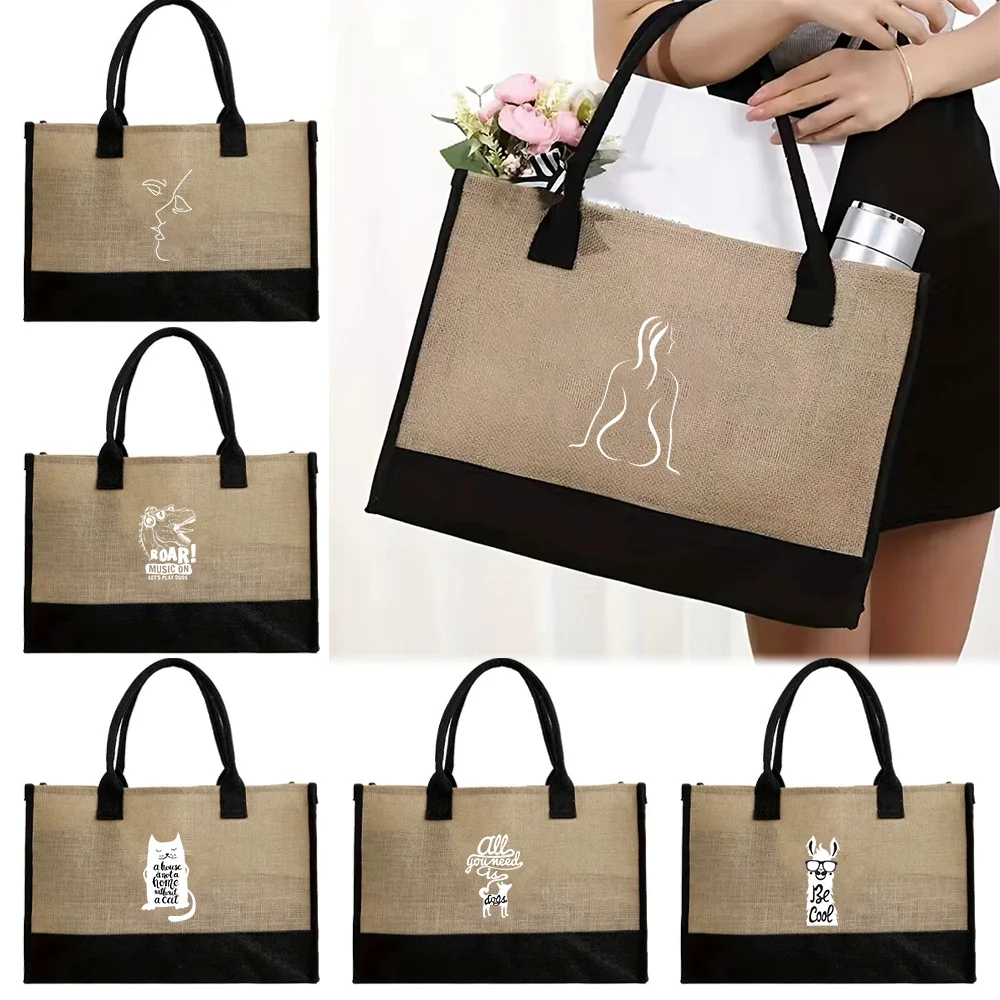 

High Quality Shopping Bags Women Jute Bag Tote Handbags Portable Big Capacity Beach Storage Bag Original White Picture Printing