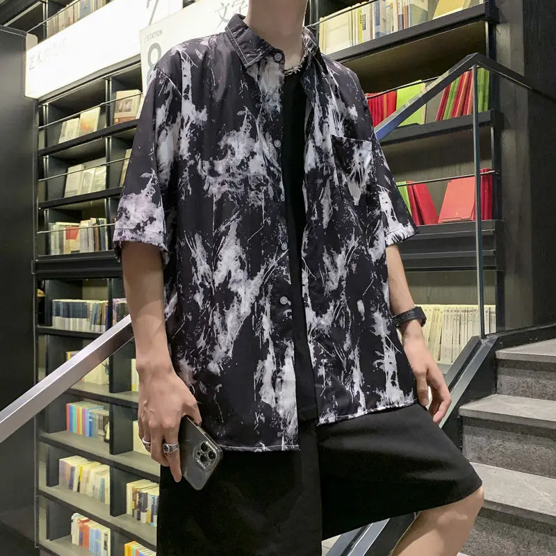 Elegant Fashion Harajuku Slim Fit Male Clothes Loose Casual All Match Outerwear Square Neck Printed Button Short Sleeve Blusa