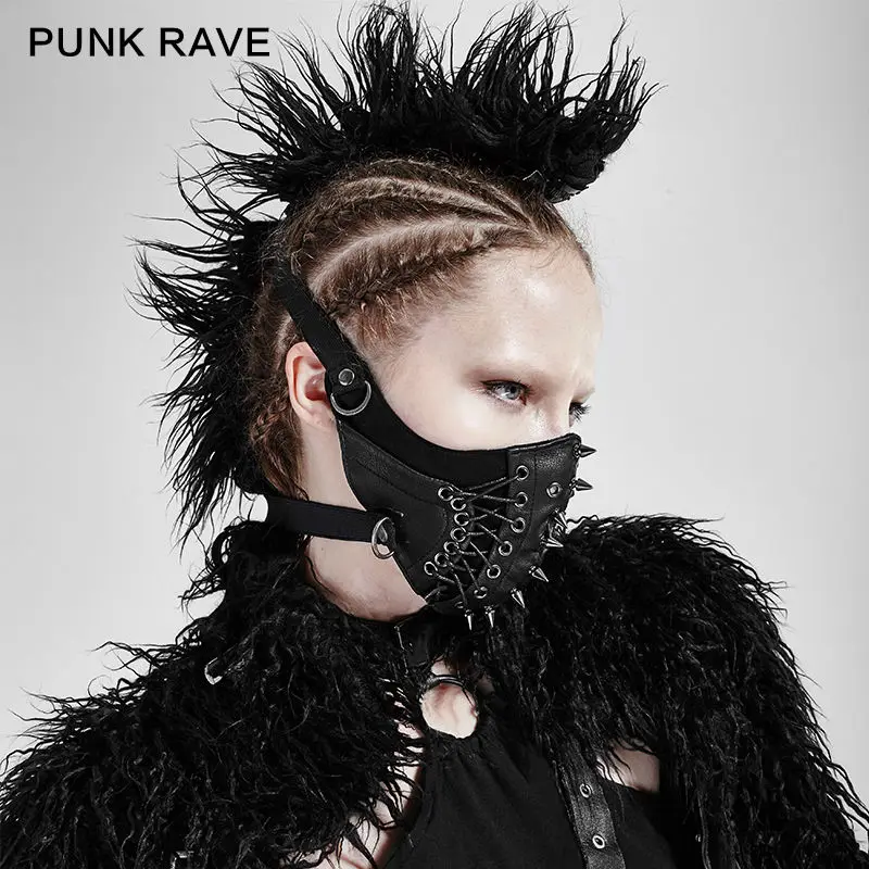 

Punk Rave Women Punk Mask Rock Rivet Leather Motobike Mask Party Lace Up Personality Mask