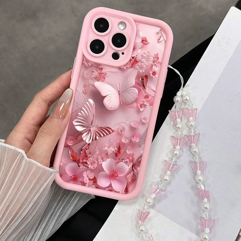 Pink Floral Butterfly Charm Silicone Phone Case - Soft Protective Cover