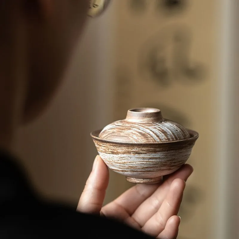 Coarse Pottery Zen Two Layer Gaiwan Japanese Pink Slip Retro Ceramic Tea Bowl Home Kung Fu Tea Set Respect Tea Ceremony Cup