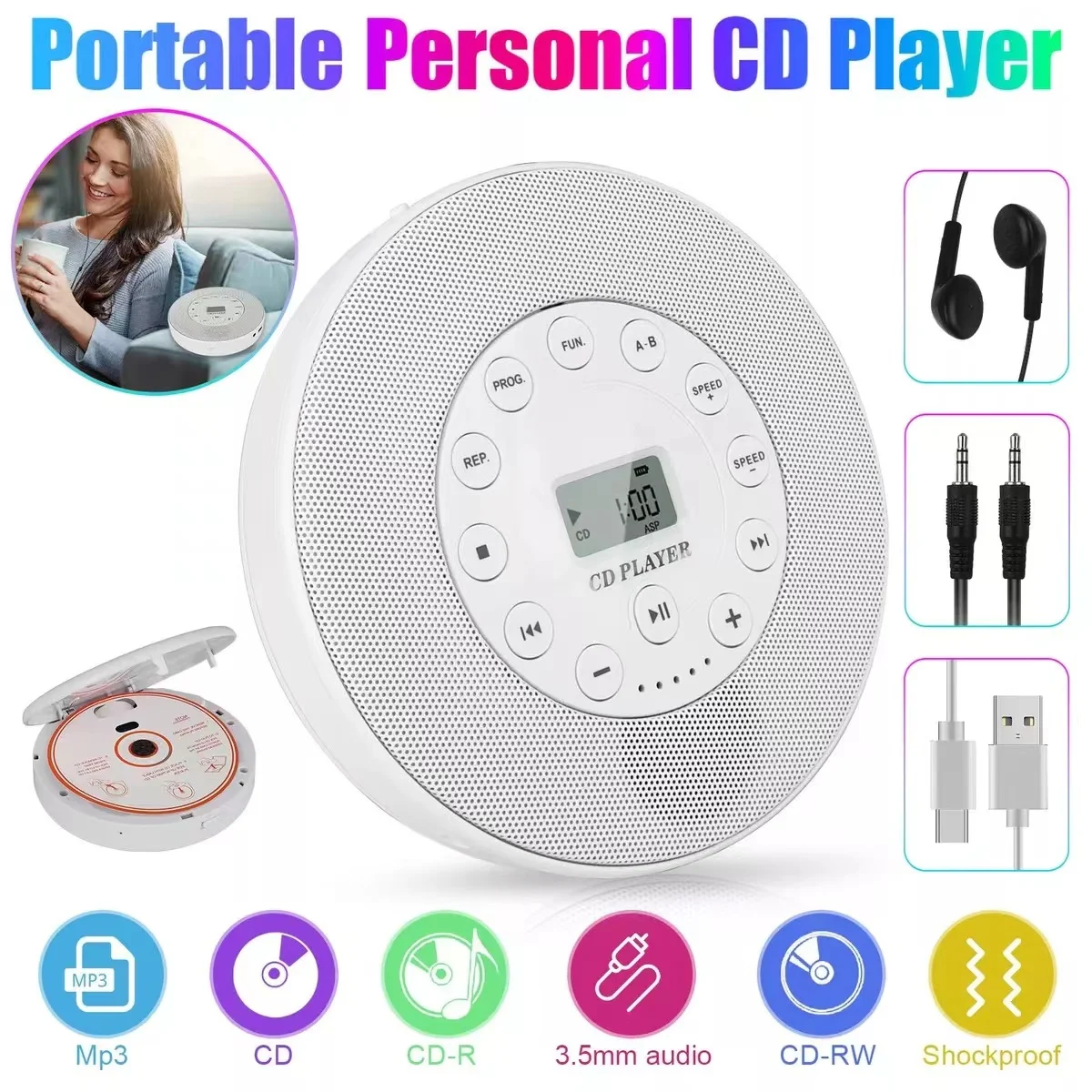 휴대용 CD 플레이어, USB 플레이어, AUX, 스테레오 스피커, 스테레오 헤드폰 잭, 재생 속도 제어, 충전식 배터리