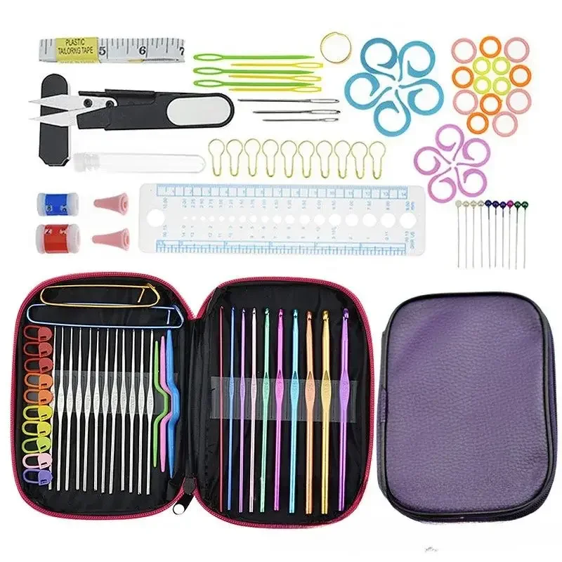 Sweater Needle Knitting Tool Set with 22 Metal Crochet Hooks Including 100 DIY Accessories Set Portable Storage Bag 1 Set