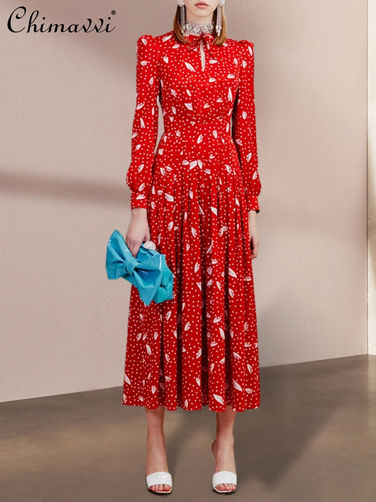 

Красное платье во французском стиле, Новинка весна-осень 2024, модное приталенное платье в горошек с принтом, женские плиссированные платья с высокой талией и длинными рукавами