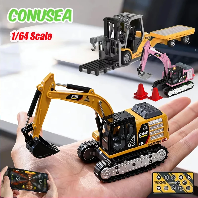 1/64 RC 굴착기 데스크탑 미니 RC 자동차 원격 조종 트럭 엔지니어링 차량..