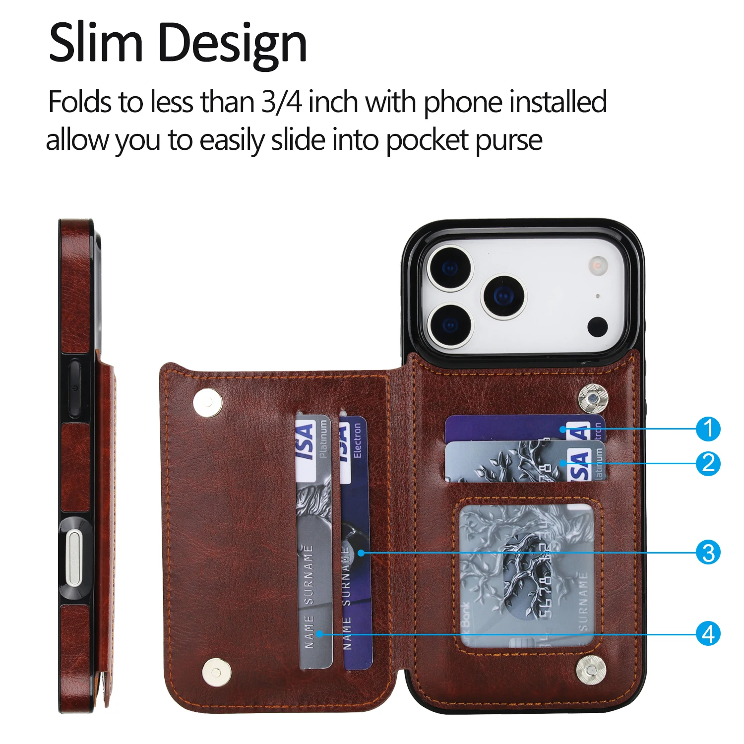 Sleek Solid Color Double Buckle Leather Wallet Case with Card Slot and Magnetic Flip - Shockproof Protective Cover