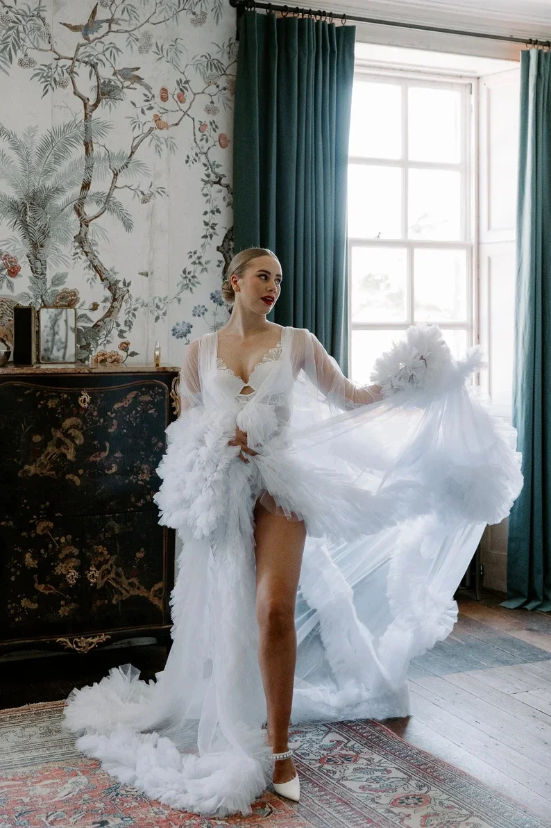 Ruffles Boho Sposa Abito Camicia da notte Abiti da sposa Servizio fotografico Vestaglia di maternità per fotografia Giacca da sposa personalizzata - immagine 6