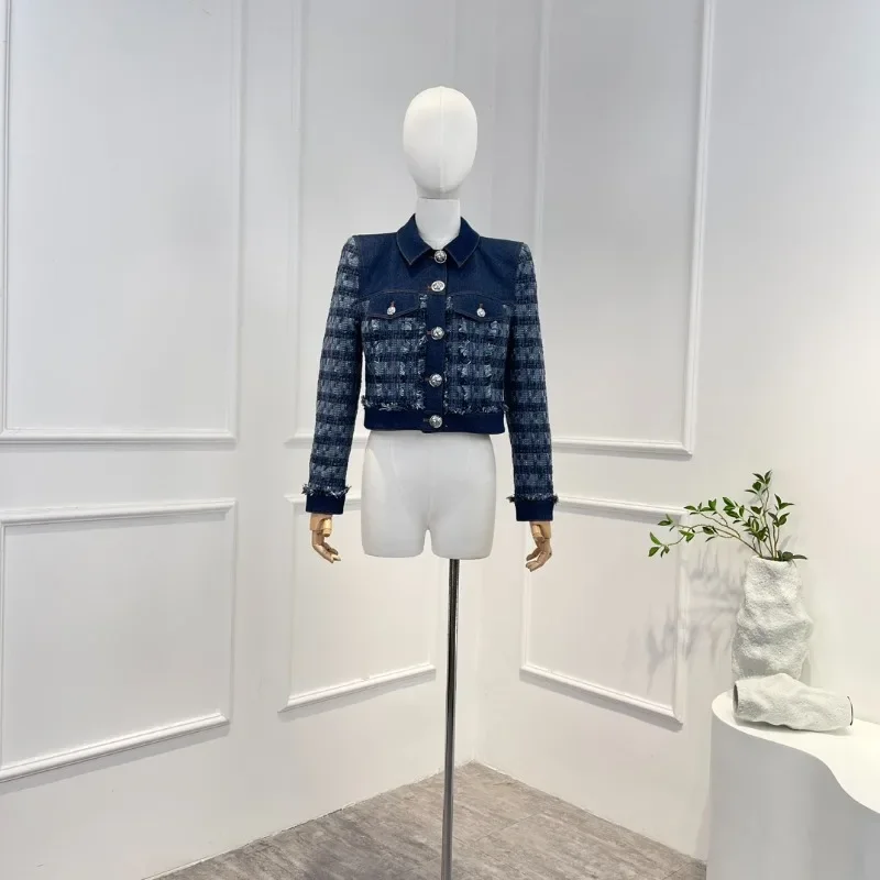 2023 Summer Autumn Latest Women Fashion Blue Office Lady Striped Tweed Jacket Coat