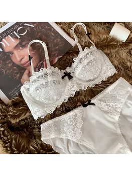 Ensemble de lingerie sexy en dentelle pour femmes grandes tailles, demi-bonnet, ultra-fin, avec cache-tétons, lingerie érotique push-up confortable.