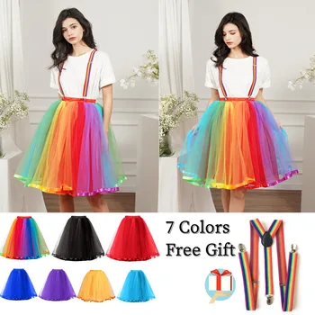 Rainbow Tutu Skirt Women Elastic Band 5 Layers Soft Tulle Ribbon Hem Girls Petticoat Midi Underskirt for Halloween Christmas