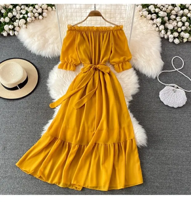 Beach Dress Women Sexy Off The Shoulder Slash Beach Chiffon Dresses Ladies Elegant A Line Bandage Party Dress Long Robe