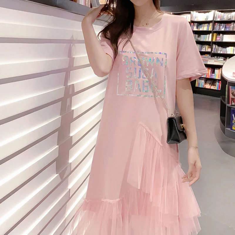 

DAYIFUN Reflective Letter Print Irregular Tshirt Dress Women Layer Ruffles Mesh Long Dresses Lady Summer Loose Casual Sundress