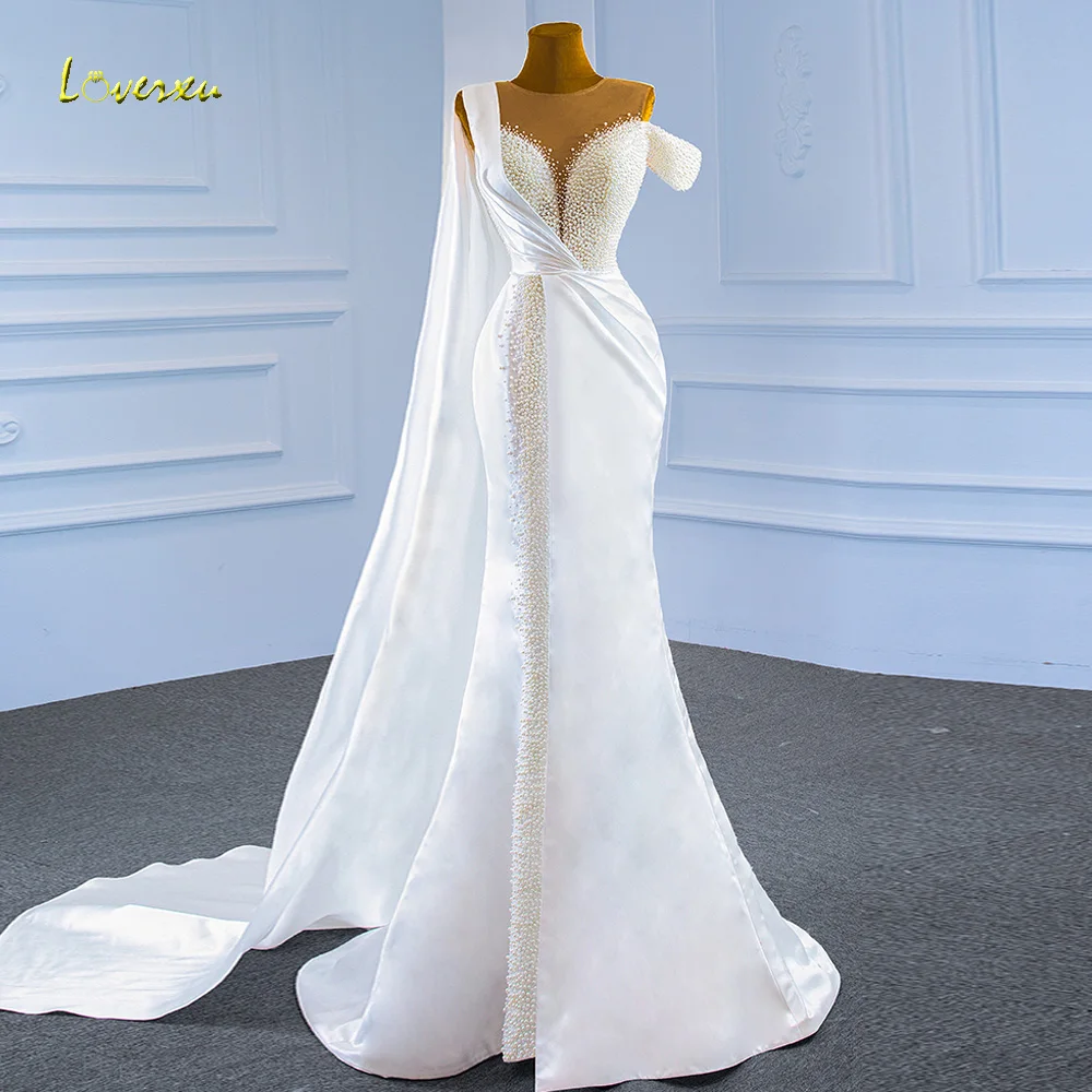

Loverxu Mermaid Sheath Wedding Dresses 2023 O-Neck Sleeveless Ribbon Vestido De Novia Beaded Pearls Matte Satin Robe De Mariee