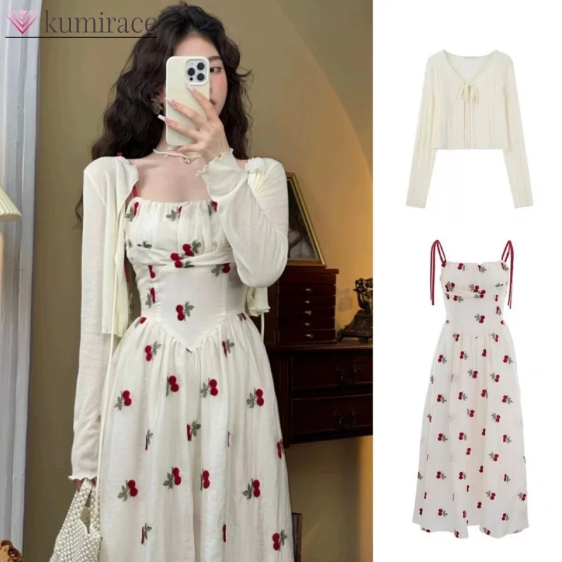 2024 New Oversized French Floral Camisole Dress Knitted Cardigan Set for Women's Summer Beach Vacation Fairy Waist Length Dress