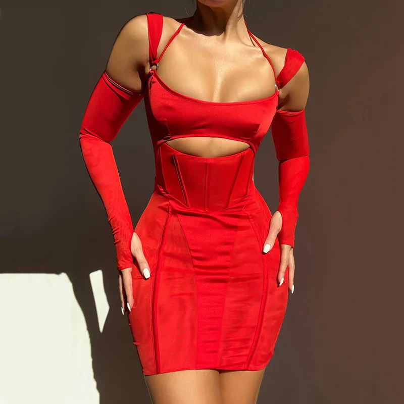 

PASSIONNÉ Women's Dress Halter Lace-up Off-shoulder Long Sleeve Hollow Out Slim Wrap Hip Dresses Female 2023 Summer Fashion New
