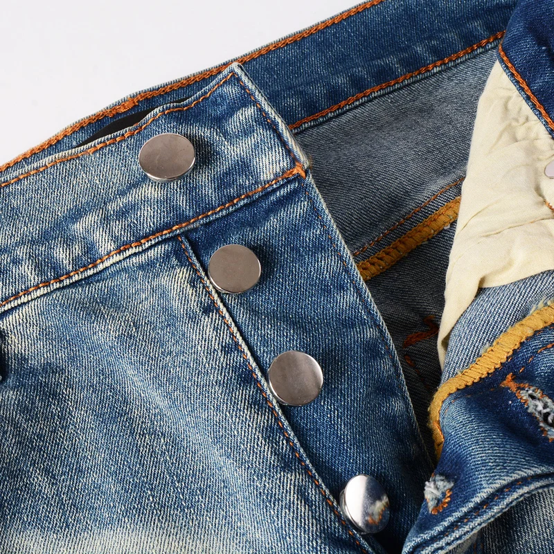 Street Fashion Men's Jeans Retro Blue Elastic Slim Fit Split Jeans Men's Button Flyer Designer Hip Hop Brand Colored Pants hombr