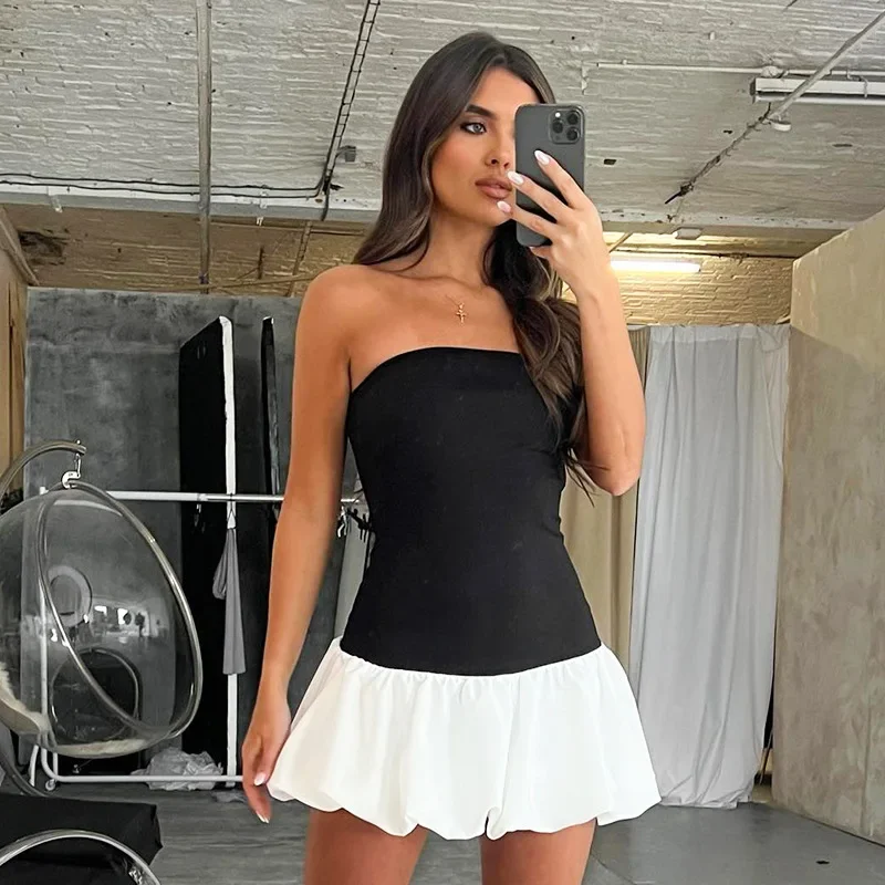 Summer Fashion Ruffled Mini Dress For Women Contrast High Waist Bandeau Patchwork Backless Dress Female Sexy Mini Dress