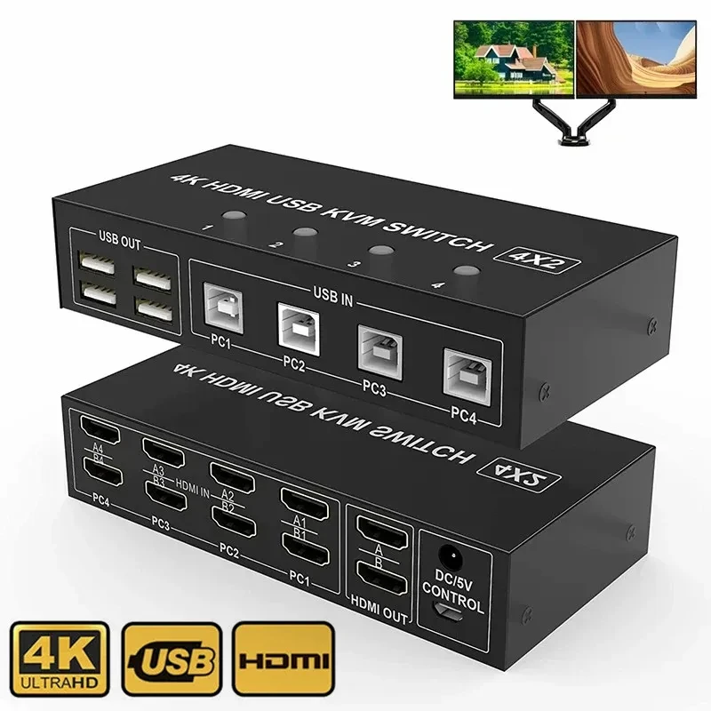 4PortDualMonitorHDMIKVMSwitch4x2ExtendedDisplay4K60HzHDMI2