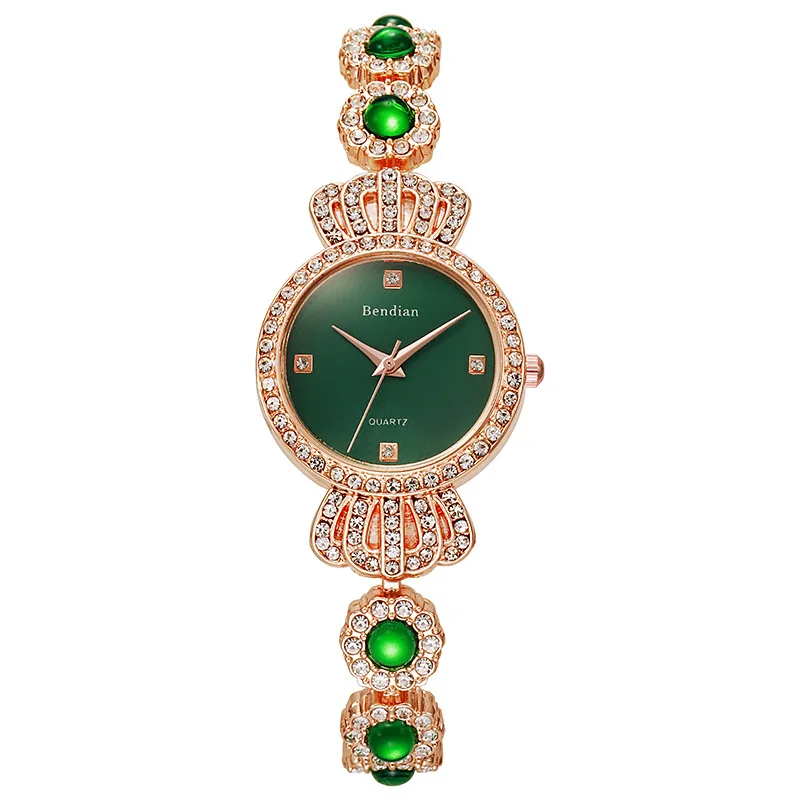 

Luxury Emerald Green Casual Fashion Bracelet Rose Gold women crown bracelet Diamond Quartz Watch Dial Watch Girls Gift Women New