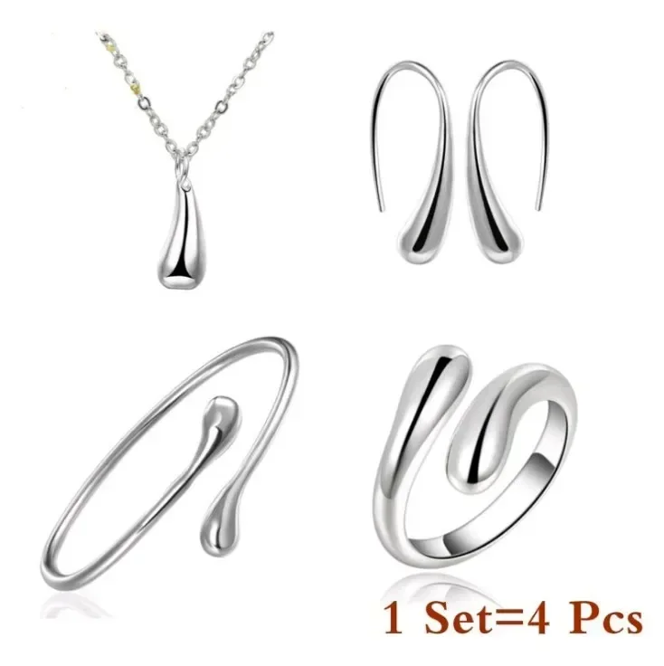 Fashion S925 Silver Needle Earrings Ring Bracelet Set Simple Personality Womens Water Drop Four-piece Jewelry Set for Women Gift - Image 2