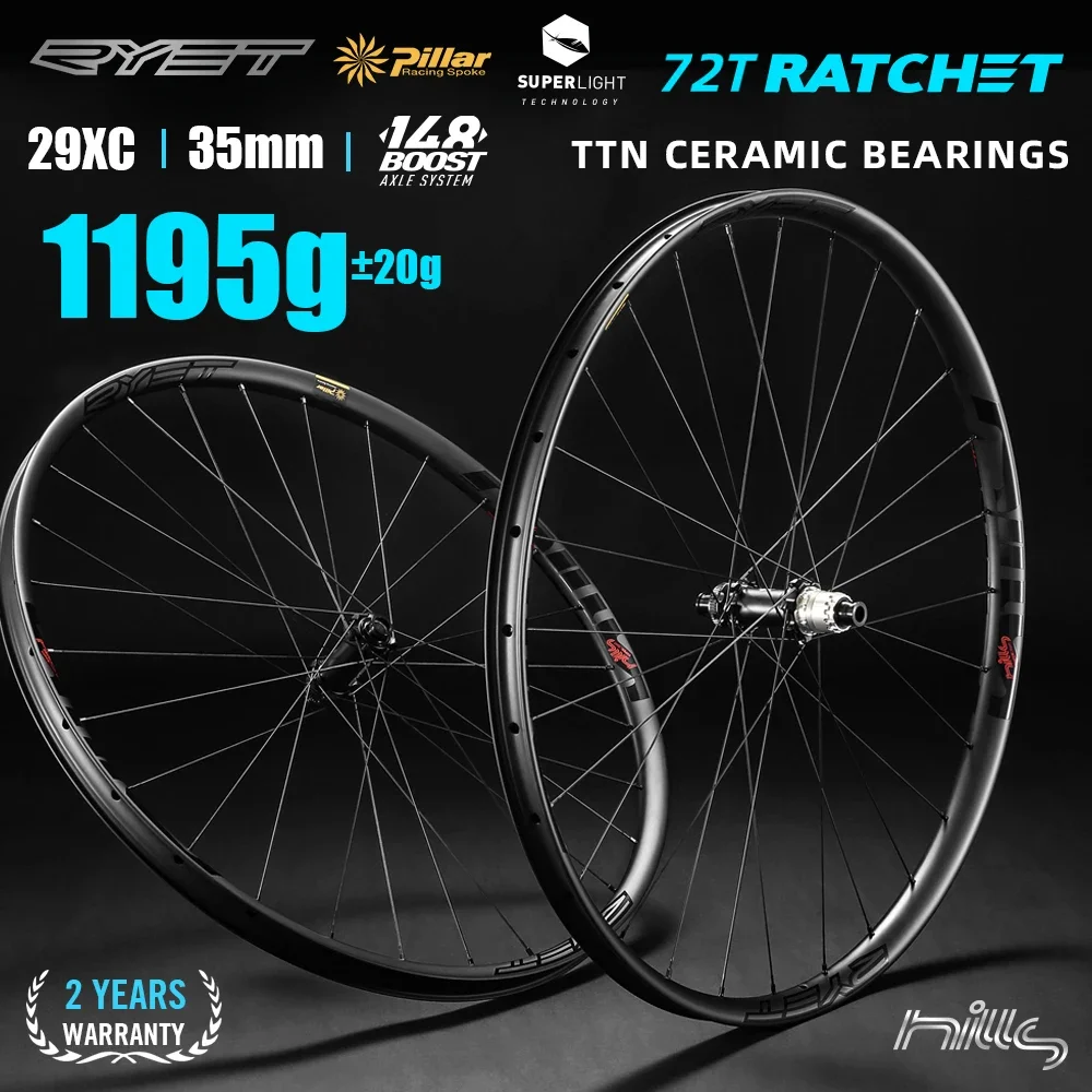 

RYET 29er Carbon MTB Wheels 1195g Ceramic Tubless Clincher Disc Ultralight 72T Ratchet Hub Bicycle Wheelset Cycling Accessories