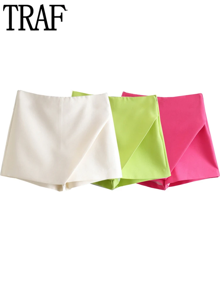 

TRAF 2022 Green Skirt Shorts Women Pink High Waist Bermuda Shorts Woman Streetwear Asymmetric Skort Summer Casual Shorts Woman