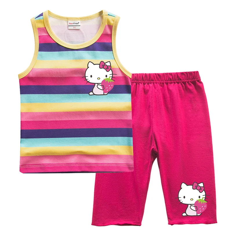 thumbnail image 1 of Hello Kitty-Chaleco a rayas de algodón para niñas, traje exterior informal para niños, cuello redondo sin mangas y pantalones cortos, conjunto de dos piezas, novedad de verano, 1 of 4
